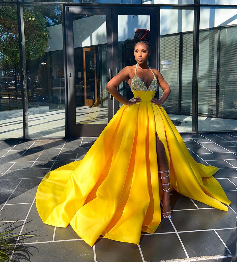 strapless yellow prom dresses Hot Yellow Halter Open Back Beads Side Slit Ball Gown Prom Dress