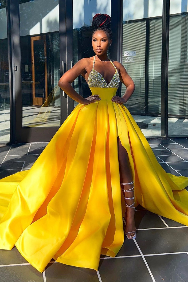 Hot Yellow Halter Open Back Beads Side Slit Ball Gown Prom Dress-Ballbella
