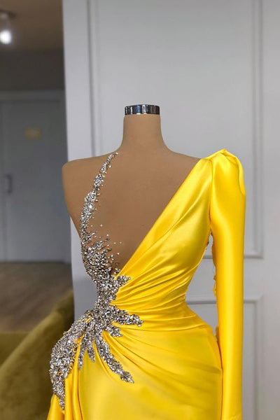slim fit dress slacks Illusion Neck Bright Yellow One Shoulder Bubble Sleeves Prom Dress