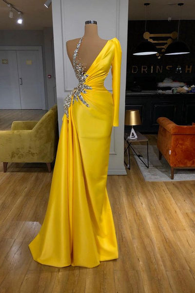 one shoulder bubble dress Illusion neck Bright Yellow Sleeves Prom Curve_C Type:FOURTH GRADE Sparkling Long Fitted Prom shoulder cocktail dress
