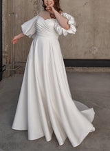 Illusion Neck Chic A-line Satin Wedding Dress Half Sleeves Sweep Train-Ballbella