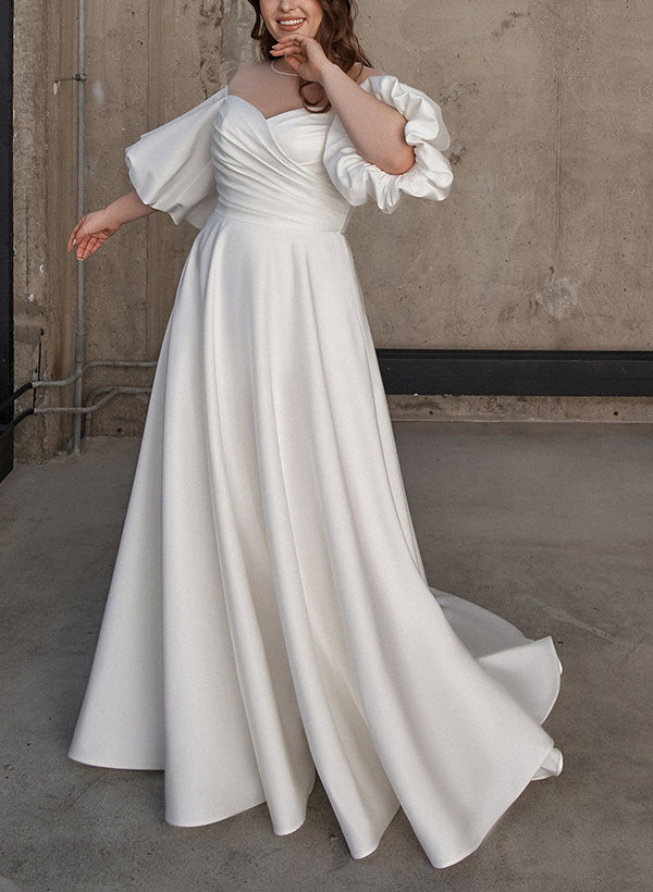 Illusion Neck Chic A-line Satin Wedding Dress Half Sleeves Sweep Train-Ballbella