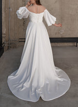 Illusion Neck Chic A-line Satin Wedding Dress Half Sleeves Sweep Train-Ballbella