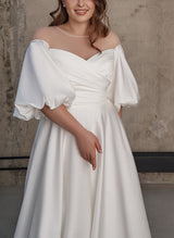 Illusion Neck Chic A-line Satin Wedding Dress Half Sleeves Sweep Train-Ballbella