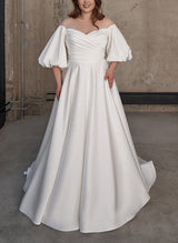 Illusion Neck Chic A-line Satin Wedding Dress Half Sleeves Sweep Train-Ballbella
