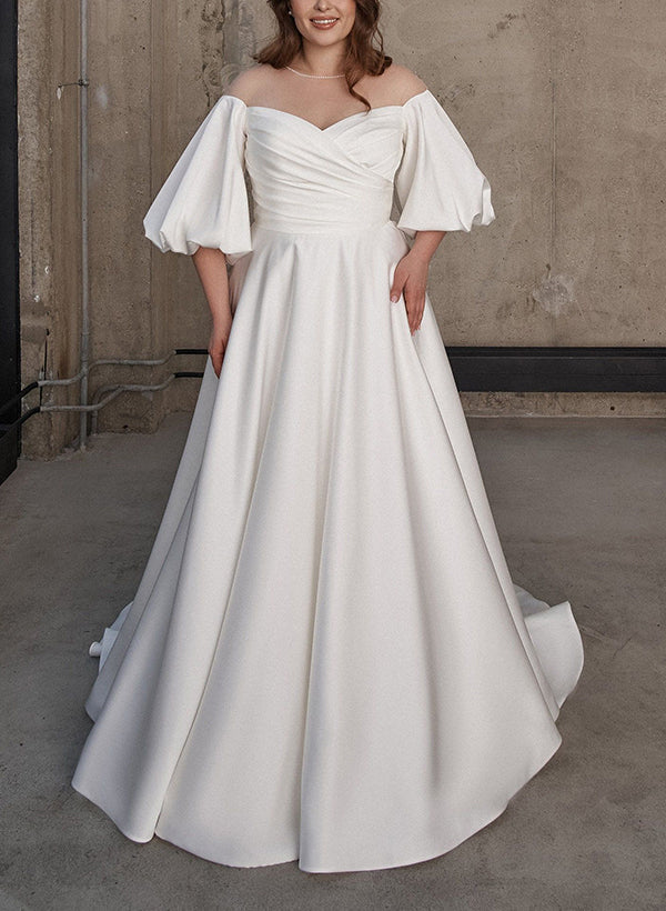Illusion Neck Chic A-line Satin Wedding Dress Half Sleeves Sweep Train-Ballbella
