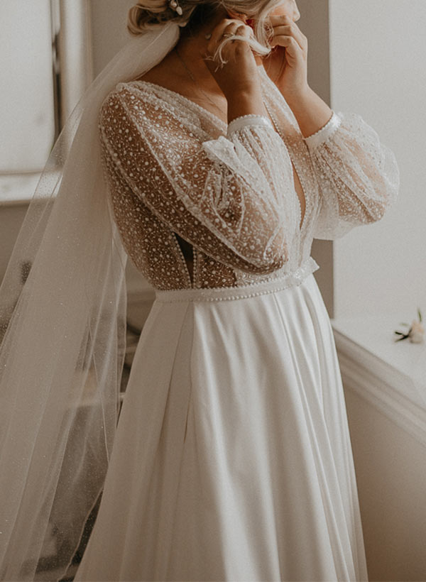 Illusion Neck Plus Size Chic A-line Lace Sweep Train Long Sleeves Wedding Dresses-Ballbella