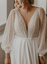 Illusion Neck Plus Size Chic A-line Lace Sweep Train Long Sleeves Wedding Dresses-Ballbella