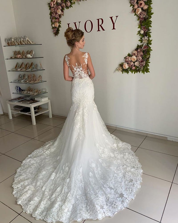 Ballbella offers Illusion neck White Lace Sleeveless Mermaid Wedding Dress at factory price from White,Ivory,Champagne,Black, Lace to Mermaid hem. Extra coupon to save a heap.