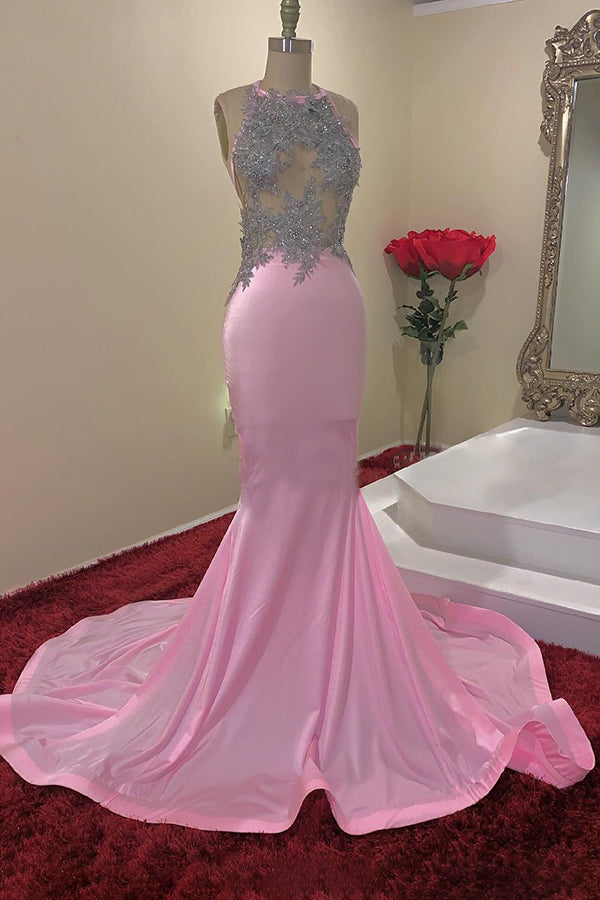 Looking for Prom Dresses, Evening Dresses, Real Model Series in Stretch Satin,  Mermaid style,  and Gorgeous Appliques work? Ballbella has all covered on this elegant Illusion Top Appliques Halter Mermaid Long Evening Gowns.