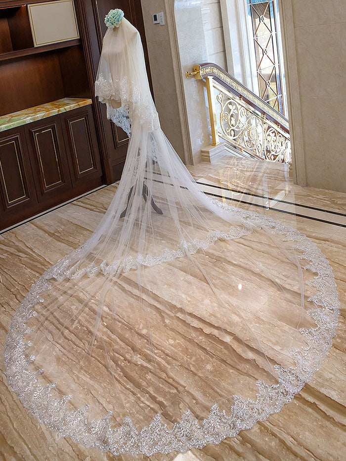 Ivory 2 Tier Long Cathedral Waterfall Lace Applique Wedding Veils Ivory 2 Tier Long Cathedral Waterfall Lace Applique Wedding Veils