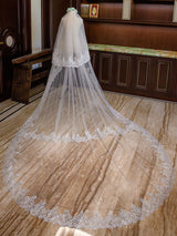 Ivory 2 Tier Long Cathedral Waterfall Lace Applique Wedding Veils-Ballbella