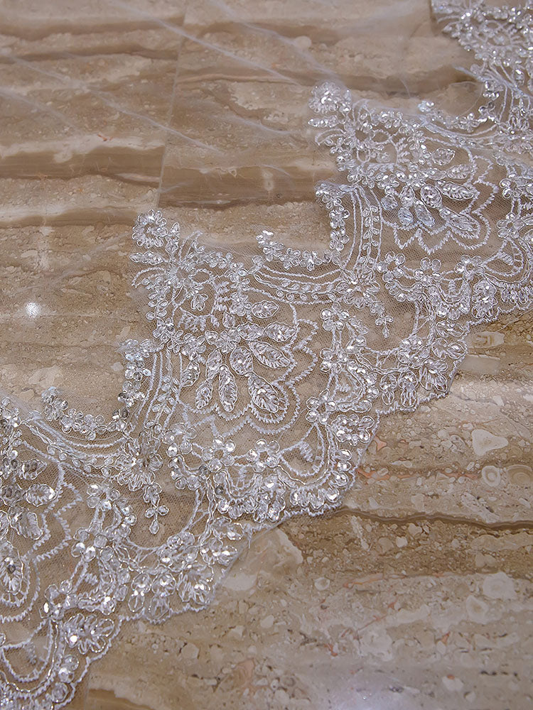 Ivory 2 Tier Long Cathedral Waterfall Lace Applique Wedding Veils-Ballbella