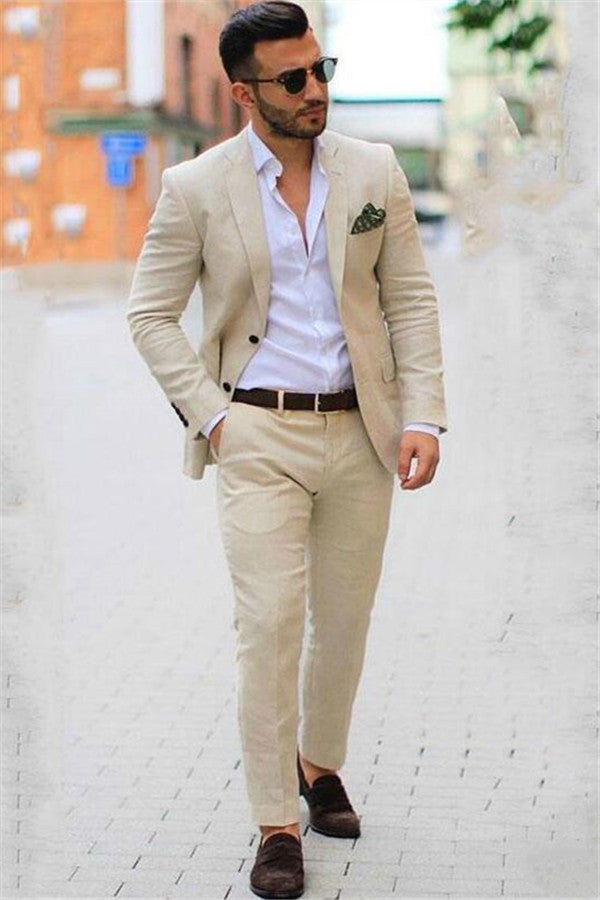 Ivory Casual Summer Two-piece Linen Blazer Mens Suits Beige Slim Fit Groom Wedding Tuxedo-Ballbella
