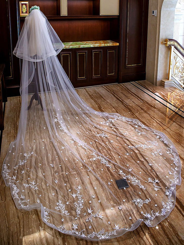Ivory Cathedral Waterfall Lace Applique 2 Tier Long Wedding Veils