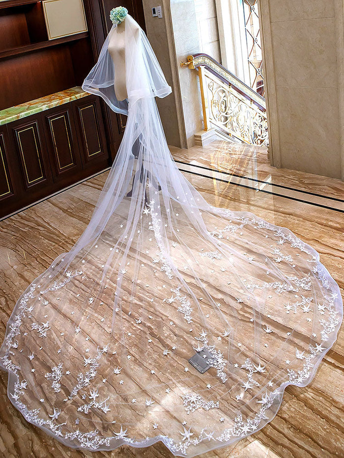 Ivory Cathedral Waterfall Lace Applique 2 Tier Long Wedding Veils