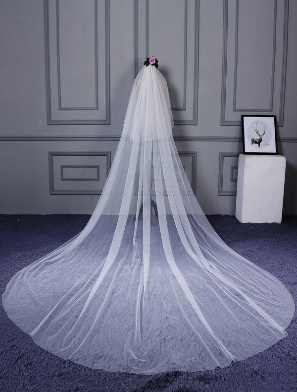 Ivory Cut Edge One Tier Waterfall Cathedral Wedding Veil For Brides-Ballbella