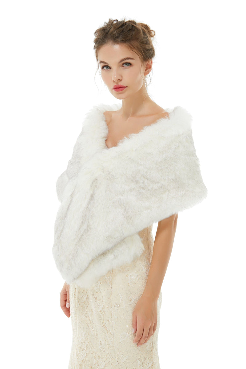 Ivory Faux Fur Wedding Shawl Open Front For Bride-Ballbella