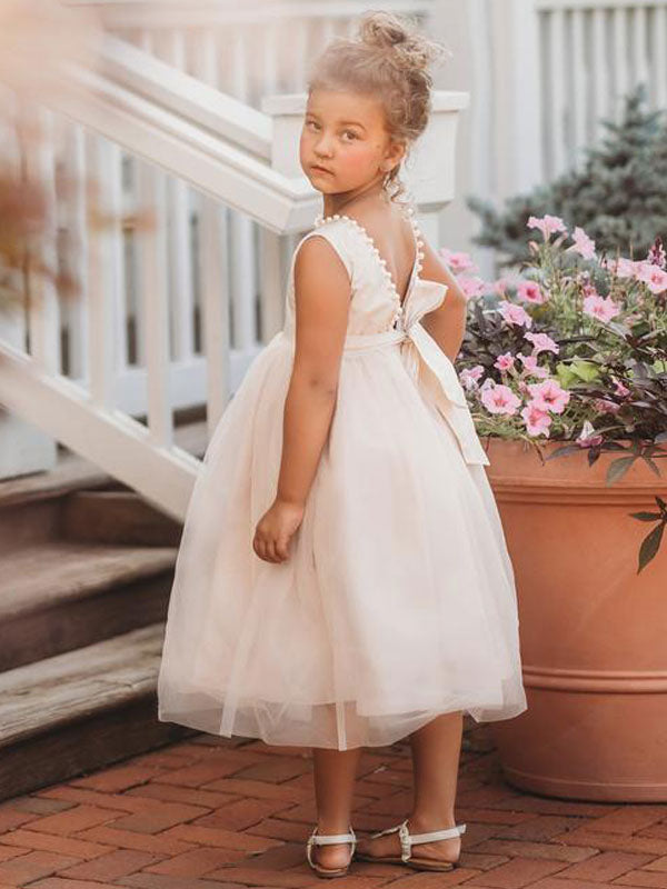 Ivory Jewel Neck Ankle-Length Butterfly Formal Kids Pageant flower girl dresses, Ivory / 2 Years old