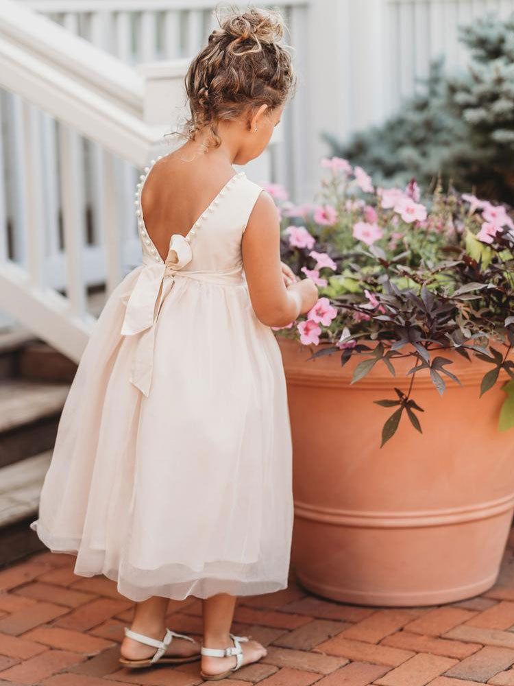 Ivory Jewel Neck Ankle-Length Butterfly Formal Kids Pageant flower girl dresses-Ballbella