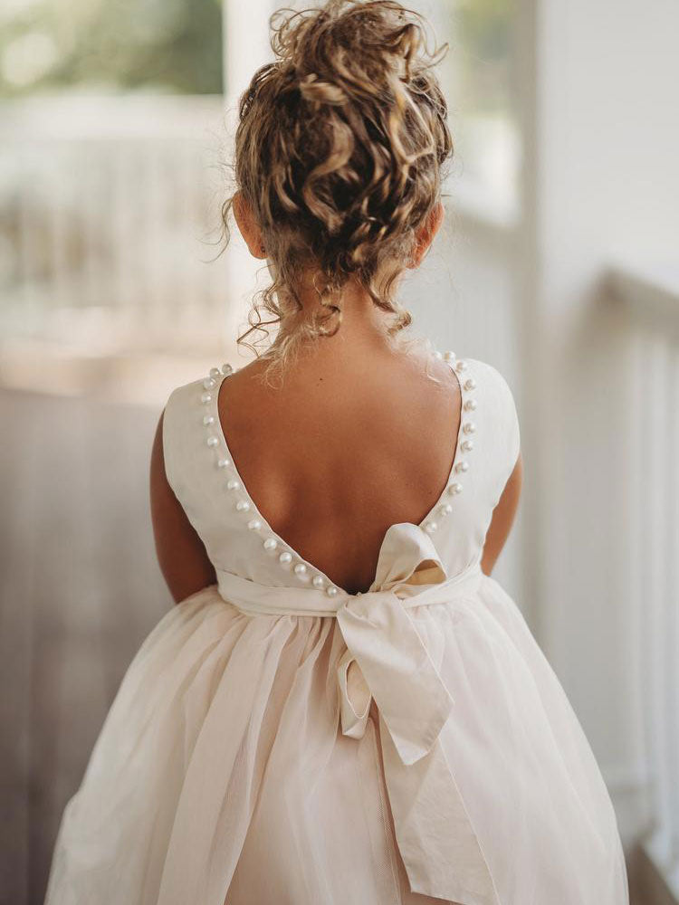 Ivory Jewel Neck Ankle-Length Butterfly Formal Kids Pageant flower girl dresses-Ballbella