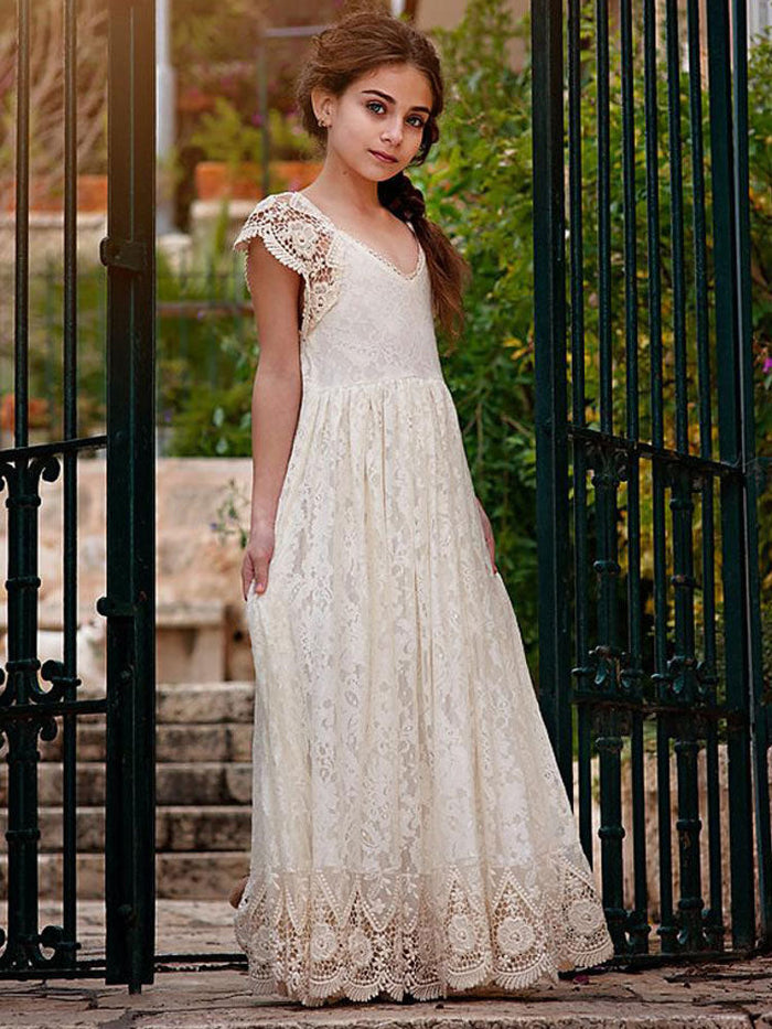 Ivory Jewel Neck Lace Short Sleeves Floor-Length A-Line Lace Kids Social Party Dresses, Ivory / 2 Years old