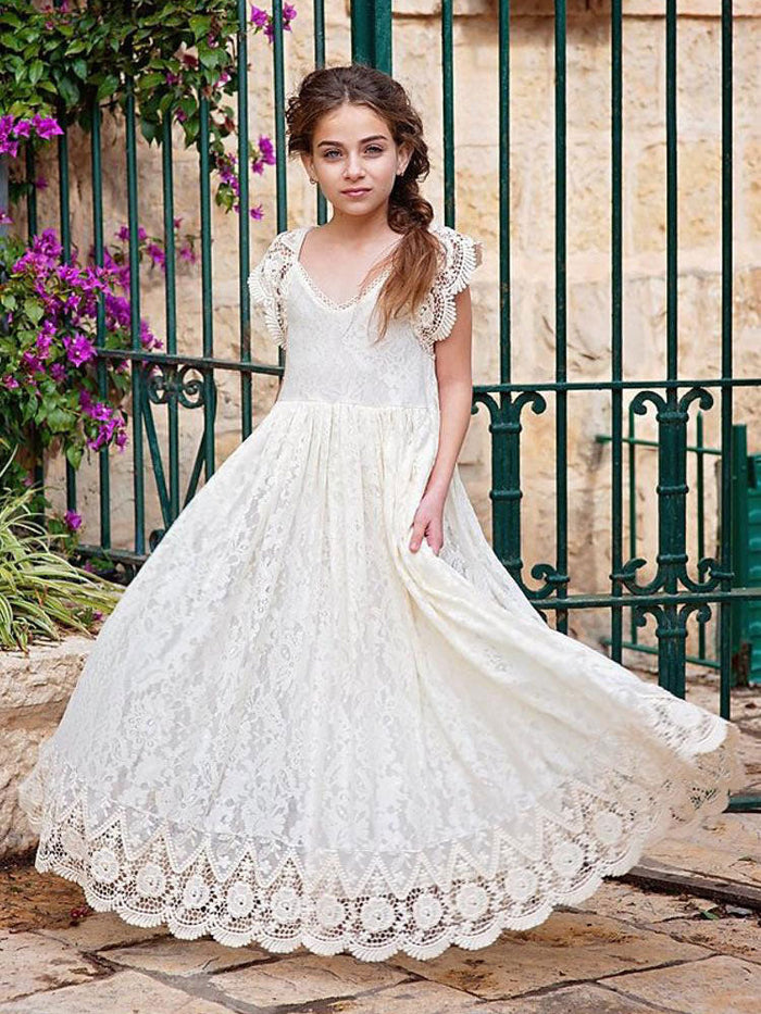 Ivory Jewel Neck Lace Short Sleeves Floor-Length A-Line Lace Kids Social Party Dresses, Ivory / 2 Years Old