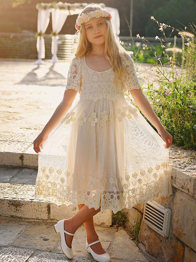 Ivory Jewel Neck Short Sleeves Lace Formal Kids Pageant flower girl dresses-Ballbella