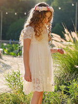 Ivory Jewel Neck Short Sleeves Lace Formal Kids Pageant flower girl dresses-Ballbella