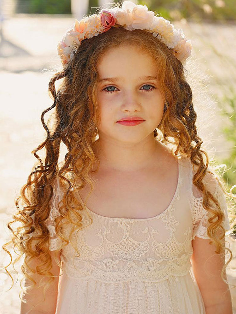 Ivory Jewel Neck Short Sleeves Lace Formal Kids Pageant flower girl dresses-Ballbella