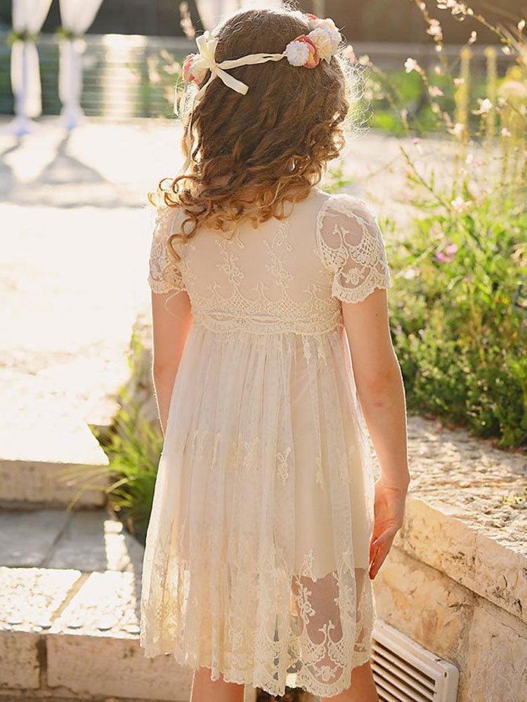 Ivory flower girl dresses Jewel Neck Short Sleeves Lace Formal Kids Pageant Dresses