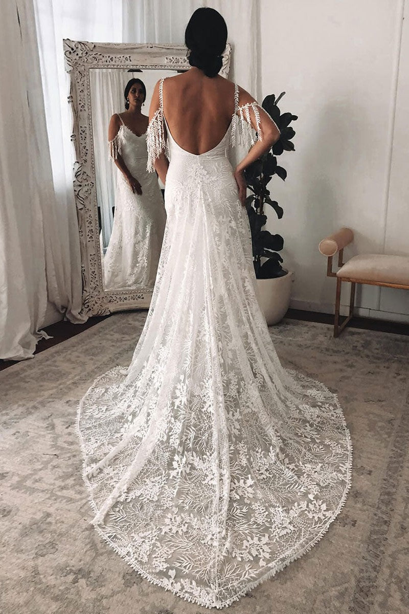 Lace Wedding Dress With Train Ivory A-Line Sleeveless V-Neck Backless Bridal Gowns Ballbella Lace Wedding Dress With Train Ivory A-Line Sleeveless V-Neck Backless Bridal Gowns Ballbella