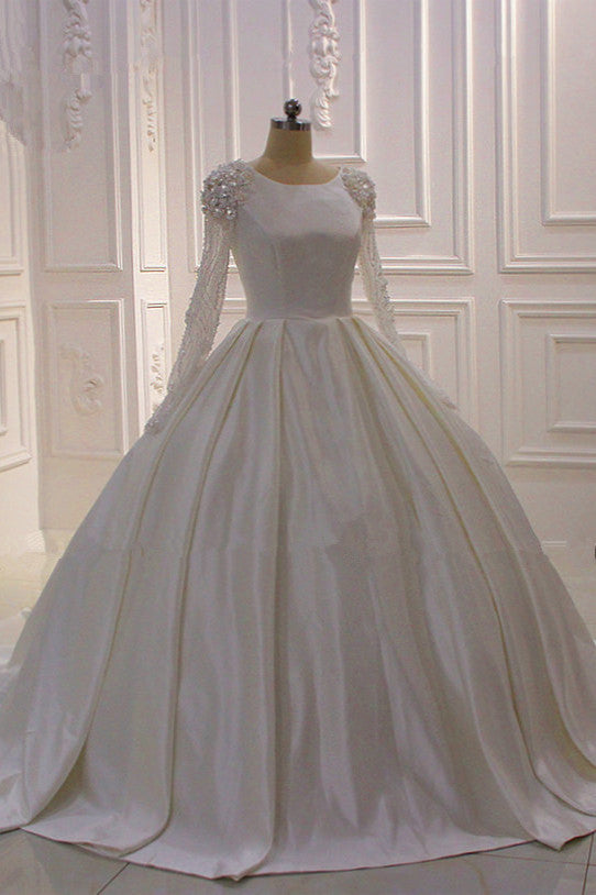 Ivory Long Sleevess Jewel Ruffless Flowers Bedaings Wedding dress-Ballbella