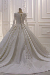 Ivory Long Sleevess Jewel Ruffless Flowers Bedaings Wedding dress-Ballbella