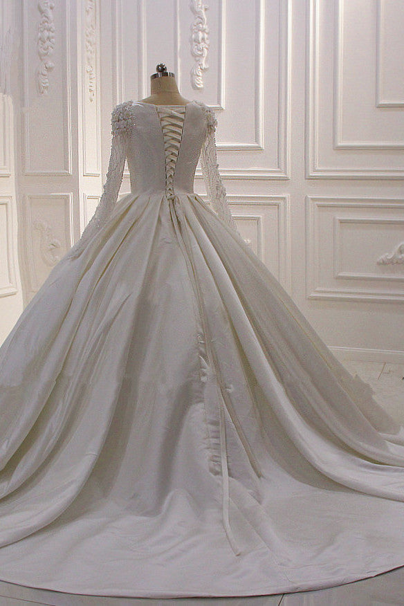Ivory Long Sleevess Jewel Ruffless Flowers Bedaings Wedding dress-Ballbella