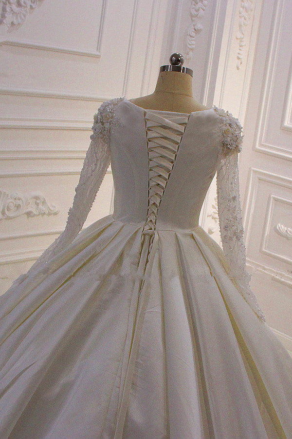Ivory Long Sleevess Jewel Ruffless Flowers Bedaings Wedding dress-Ballbella