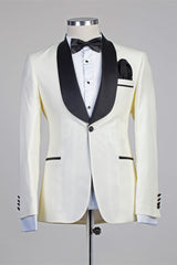 Discover the very best Ivory One Button Simple Slim Fit Wedding Suits with Black Lapel for work,prom and wedding occasions at ballbella. Custom made Off White Shawl Lapel mens suits with high quality.