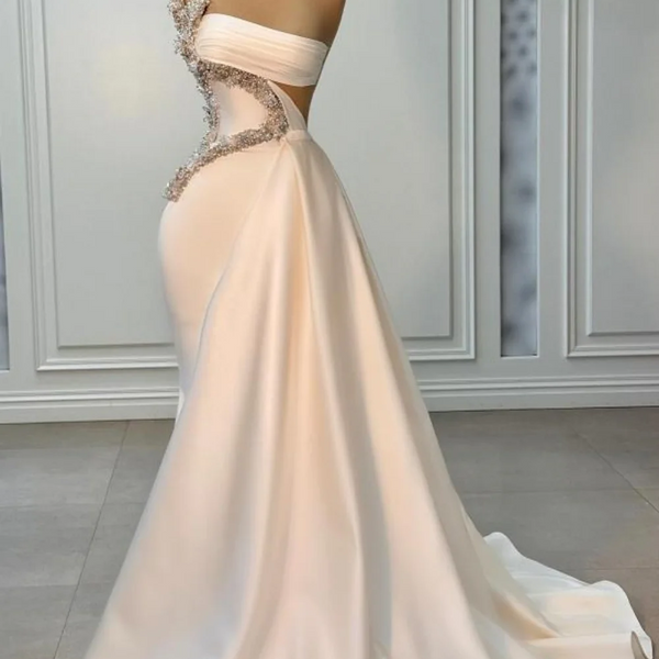 Ivory One shoulder Ivory Satin Silver Beaded Mermaid Prom Dresses –  Ballbella