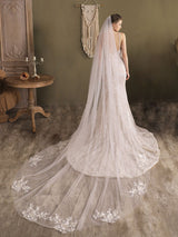 Ivory One-Tier Lace Tulle Finished Edge Waterfall Wedding Veils-Ballbella