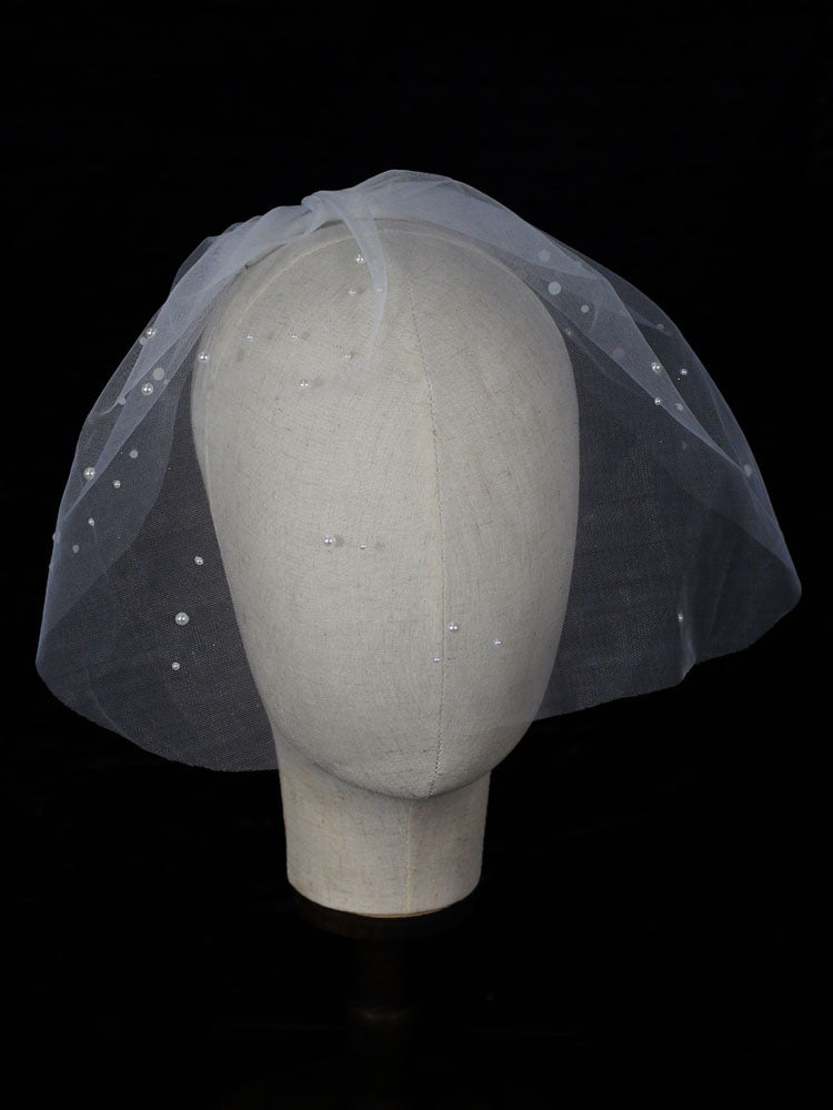 Ivory One-Tier Pearls Tulle Cut Edge Oval Short Wedding Veils-Ballbella