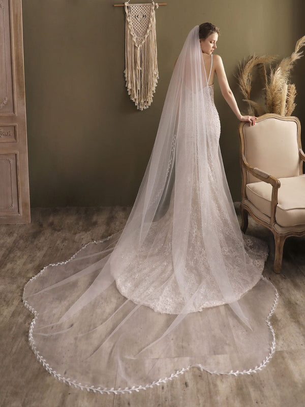 Ivory One-Tier Tulle Finished Edge Waterfall Long Wedding Veils-Ballbella