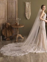Ivory One-Tier Tulle Lace Applique Edge Waterfall Long Wedding Veil-Ballbella