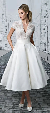 Ivory Satin Tea Length Vintage Wedding Dress-Ballbella