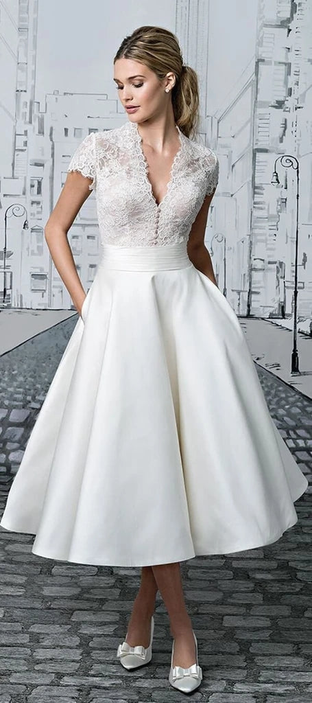 Ivory Satin Tea Length Vintage Wedding Dress-Ballbella