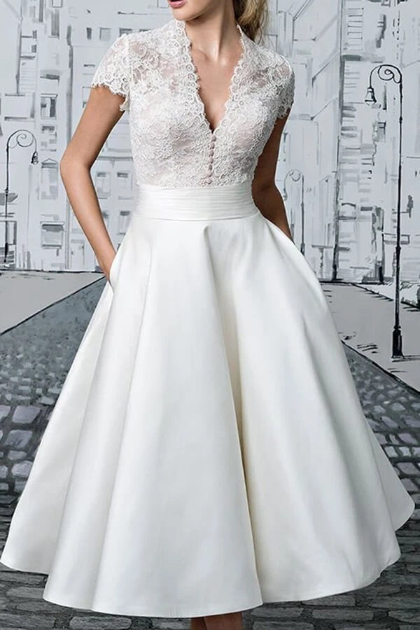 Ivory Satin Tea Length Vintage Wedding Dress-Ballbella