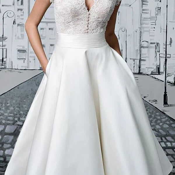 Ivory Satin Tea Length Vintage Wedding Dress – Ballbella