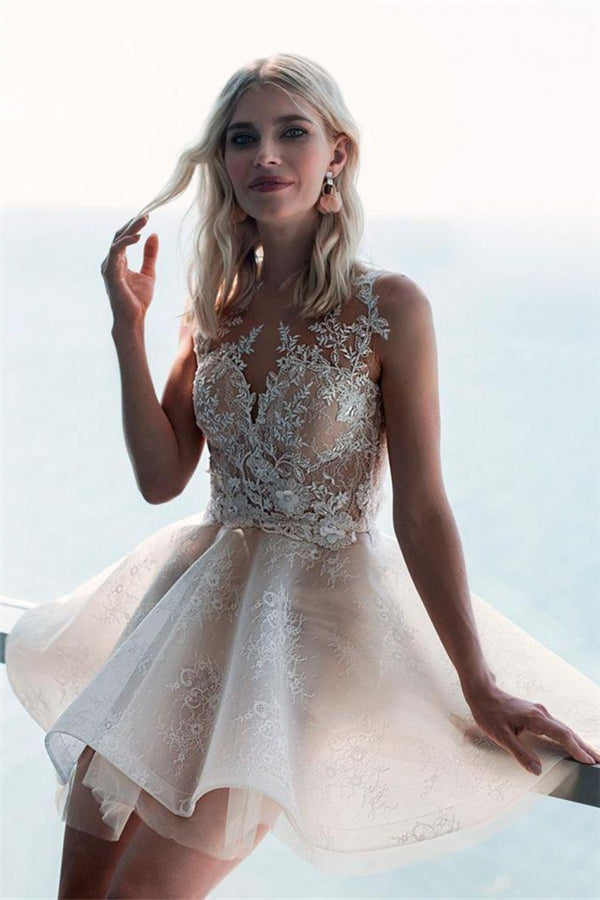 Ivory Sleeveless Lace Puffy Flowers Homecoming Dress-Ballbella