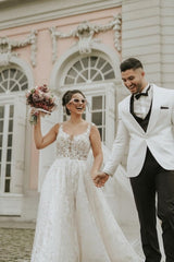 Ivory Sleeveless Straps A-Line Wedding Dresses with Chapel Train-Ballbella