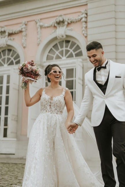 Ivory Sleeveless Straps A-Line Wedding Dresses with Chapel Train-Ballbella