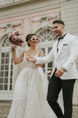 Ivory Sleeveless Straps A-Line Wedding Dresses with Chapel Train-Ballbella